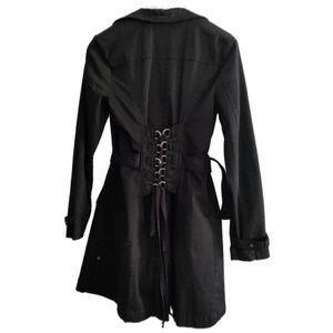 Royal Bones Lace up Corset Back Trench Coat - Gothic Punk Rocker Black Jacket